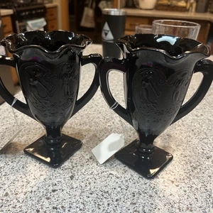 2 Vintage Art Deco Black Depression Glass Trophy Vase by L.E. Smith Co., 1930s - Picture 1 of 5