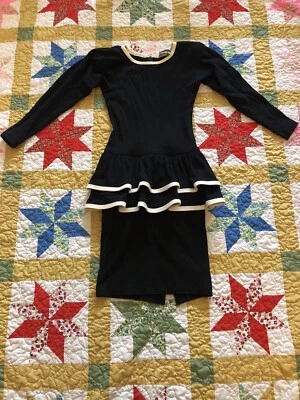 Vestido Vintage Años 80 Chettta B Peter Noviello Sherrie Marrón Negro Blanco Borde Peplum Foto 1 de 4