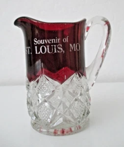 Ruby Red Flash Cut Glass Antique Cream Pitcher Souvenir St. Louis, MO 4" Vtg AZ1 - Picture 1 of 8