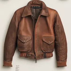 Men’s Genuine Leather Aviator Bomber Jacket - Vintage Look -All Sizes- Brown - Picture 1 of 6
