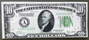 1928B $10  FRN [] BOSTON [] GOLD Motto Note [] Fr.2002-A [] SN# A 33024539 A - Picture 1 of 3