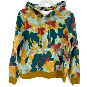Obey Women's Anna Drip Camouflage Camo Hooded Sweatshirt SZ M Green Gold - Picture 1 of 6