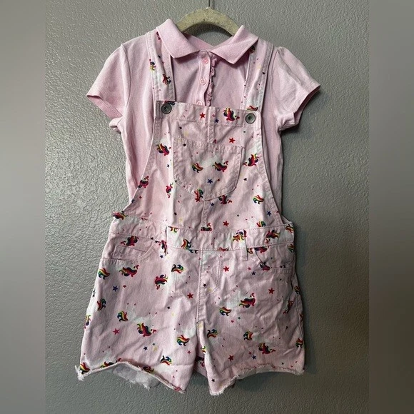 Girls Unicorn Print Overall Shorts with Pink Top - Image 1 of 4