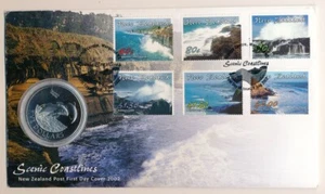 New Zealand: 2001 $5 Dolphin Crown Sized Coin & Scenic Coastlines Stamps PNC - Picture 1 of 2