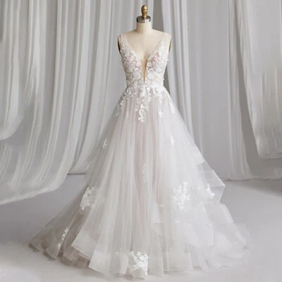 Boho A-Line Wedding Dresses Deep V-Neck Sleeveless Lace Appliques Bridal Gowns - Image 1 of 4