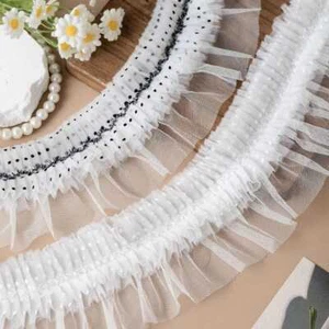 2 Layers Polka Dot Lace Trim Flocking Dotted Mesh Trim Cute Ruffled Trim 1 Yard - Picture 1 of 12