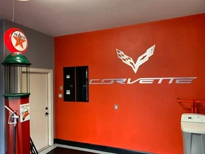 CORVETTE C7 Emblem and Text combo Garage Sign 8 Feet Wide Brushed Silver - Picture 1 of 11