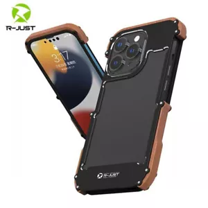 R-JUST Hülle für iPhone 16 15 14 13 12 Pro Max Aluminium Bumper Metall Holz Cover - Bild 1 von 12