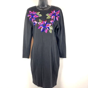 Carole Little S Cocktail Abend Kleid LBD schwarz Baumwolle Strick Pailletten Midi bescheiden - Bild 1 von 10