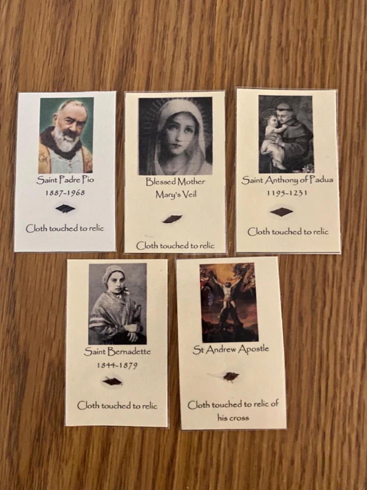 Catholic homemade relic holy card lot Saint Andrew St Pio Bernadette Anthony - Image 1 of 1