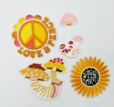 Set of 4 Groovy Iron-On Embroidered Patches – Sunflower, Mushrooms, Peace Sign - Image 1 of 3