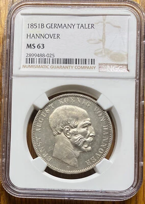 Best Price! German States Hannover 1851 B Mining Taler Thaler NGC MS 63 UNC - Image 1 of 2