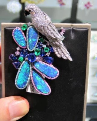 50% CLEARANCE! NWT $46,800 RARE 18KT LRG BLACK OPAL DIAMOND PARROT BROOCH PIN - Image 1 of 4