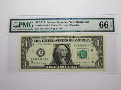 $1 2017 Near Solid Serial Number Federal Reserve Bank Note Bill UNC66 #55555545 - Image 1 of 4