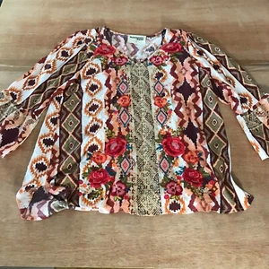 Savanna Jane Top Women L Red Green Aztec Floral Embroidered Long Sleeve - Picture 1 of 10