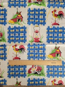 Vintage  Blue Paid Country Farmhouse Rooster - 94cm x 90cm Wide  Cotton Fabric - Picture 1 of 3