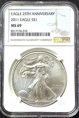 2011-P  NGC MS69 .999 SILVER $1 *AMERICAN EAGLE 25th ANNIVERSARY EDITION* - Image 1 of 2