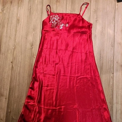 Pink Label Oscar De La Renta Satin Like Red Slip Dress Women’s Large Embroidered - Image 1 of 4