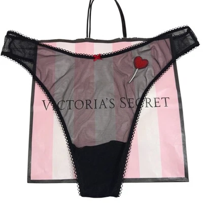 NWT Victoria's Secret Tease Black Mesh Heart Lollipop Thong String Panty L - Image 1 of 4