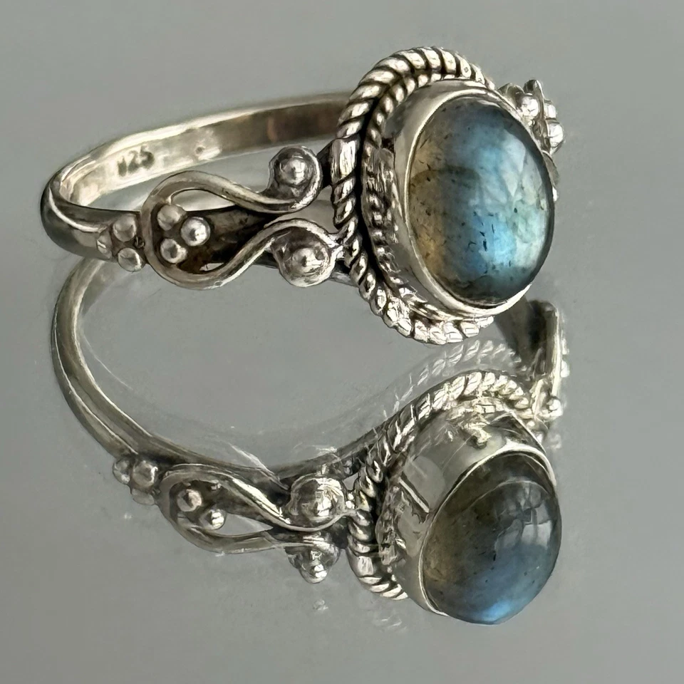 Винтажный лабрадорит драгоценный камень кольцо овальный серебро 925 группы ручной работы Sz7 изящный - Изображение 1 из 2