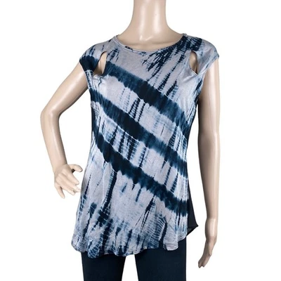 Rock & Republic Women Tan Blue Sheer Cutout Crew Neck Sleeveless Tank Shirt M - Image 1 of 4