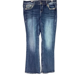 Vigoss Jeans Women 18 Blue Bootcut Stretch Distressed Creased Embroidered - Picture 1 of 10