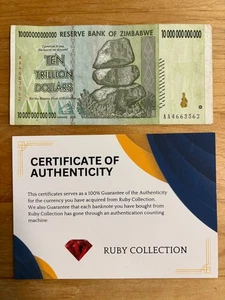 Zimbabwe 10 trillion dollar 2008 , Used  with COA - Picture 1 of 2