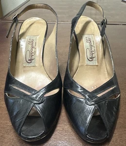 Vintage Pappagallo Slingback Peeptoe schwarze hochhackige Lederschuhe Größe 7,5 M - Bild 1 von 15