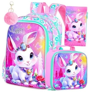 3Pcs Girls Backpack, 16" Bunny Kids Bookbag with Lunch Box,School Backpacks - Picture 1 of 8