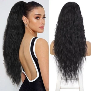 PT106 Drawstring Ponytail Extension 24 inches long black lady 1B# wavy hair - Picture 1 of 19