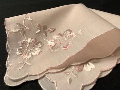 #8212🌟PREMIUM Vintage SHINY PINK WILDROSES Pink Swiss Floral Emb Handkerchief - Image 1 of 4