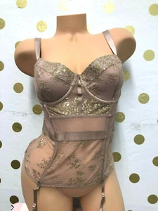 Victoria's Secret Very Sexy Champage Shiny Gold Shimmer Lace Corset 34C,36D,34B - Picture 1 of 3