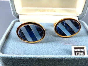 VTG NEW NOS Anson Cufflinks GENUINE LAPIS & MOTHER OF PEARL Blue Gold Tone Oval - Picture 1 of 4