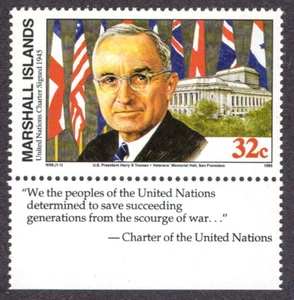 MARSHALL ISLANDS, SCOTT # 517, UNITED NATIONS CHARTER SIGNED, HARRY TRUMAN & TAB - Picture 1 of 1