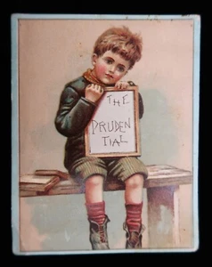 Antigua tarjeta comercial de seguro prudencial niño de 1890 con tablero de escribir rara bonita - Imagen 1 de 10