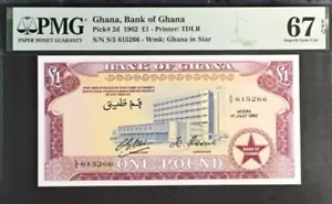 1962 Ghana 1 Pound P2d BANKNOTE CURRENCY UNC PMG 67 - Picture 1 of 3