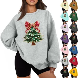 Women's Casual Fashion Long Sleeve Christmas Print Round Neck Sweatshirt Top - Picture 1 of 51