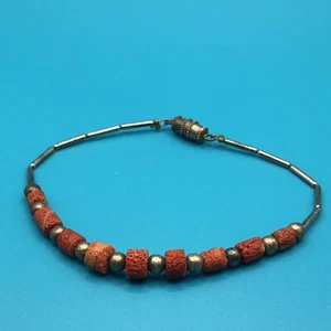 Red Wooden Style Small Disc Bracelet Silver Tone Spacers with Barrel Clasp - Picture 1 of 5
