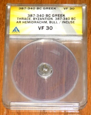 THRACE BYZANTION HEMIDRACHM BULL / TRIDENT 387 BC Ancient Greek ANACS VF 30 COIN - Image 1 of 4