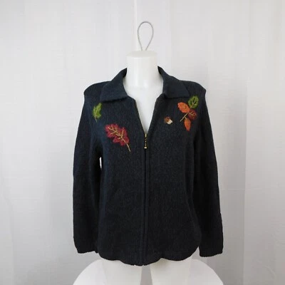 Mandal Bay Leaf Embroidered Zip-Up Fall Cardigan Sweater Charcoal, Medium #3616 - Image 1 of 4