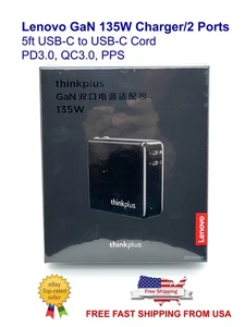 Lenovo GaN 135W Dual Port USB-C PD 3.0 Charger, With 6ft USB-C Cable, Genuine - Afbeelding 1 van 11