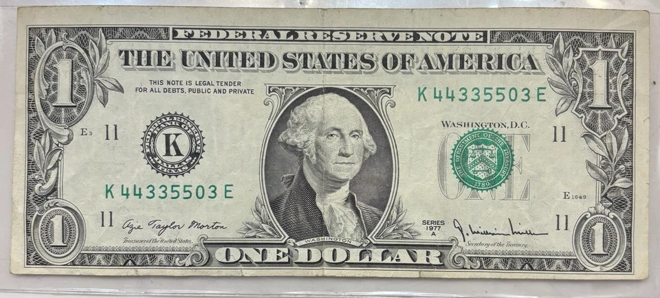 Vintage Miscut And Print Error Misaligned Wording Series 1977A FRN $1 Dollar - Image 1 of 4