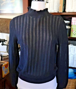 NWT J. Crew Black 100% Cotton Ruffle Mock Neck Open Knit Preppy Sweater Size M - Picture 1 of 7