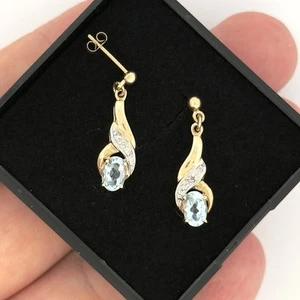 9ct Yellow Gold Blue Topaz & Diamond Cluster Drop Dangle Earrings - Picture 1 of 5