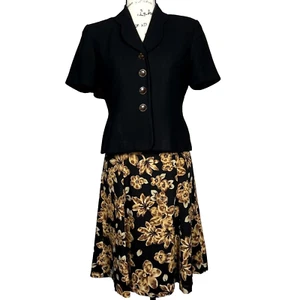 Kasper Sz 2P Button-Up Short-Sleeve Black Jacket & Black/Yellow Floral Skirt Set - Picture 1 of 16