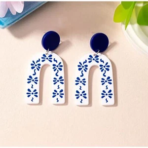 Mykonos Goddess U-shaped Porcelain Blue and White Ceramic Style Earrings - Picture 1 of 1