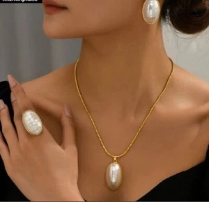 Necklace Earrings Ring Set Jewelry Sets Women Faux White Pearl Gold Plated New - Picture 1 of 12