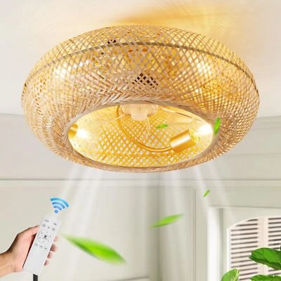 Boho Caged Ceiling Fan with Light Flush Mount, 20 Inch Enclosed Rattan Ceilin... - Image 1 of 4