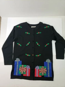 Bechamel Christmas Sweater Jacket S Button Embroidered applique black cardigan - Picture 1 of 9