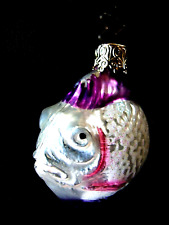 Vintage INGE-GLAS W German Ornament:  GLITTERED CHUBBY PURPLE FINNED FISH - Mint